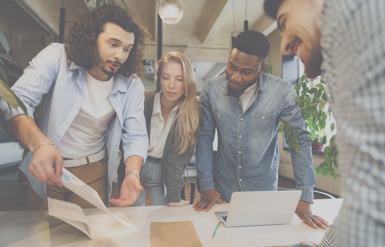 Modern classroom with international students engaged in interactive learning session
